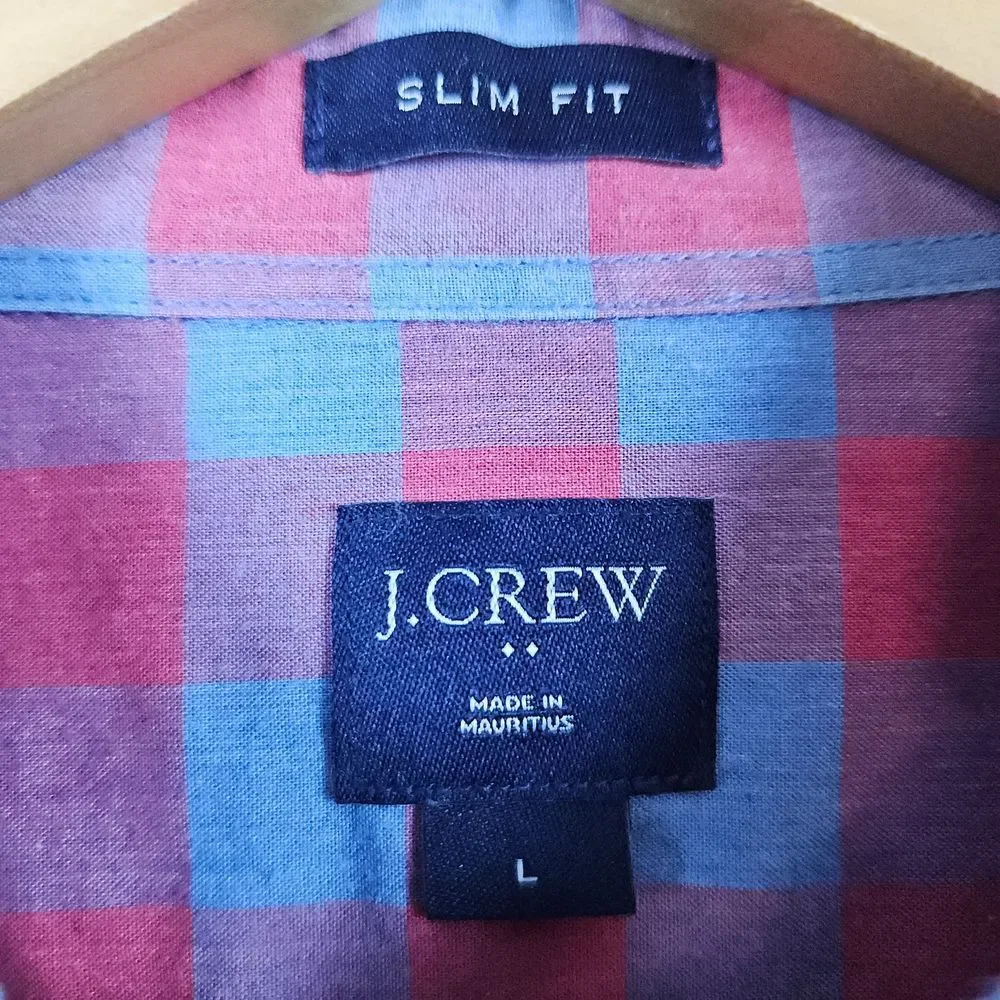 J Crew Men's Slim Fit Shirt Size L‎ Red Blue Checks Preppy Button Up/Down Church
